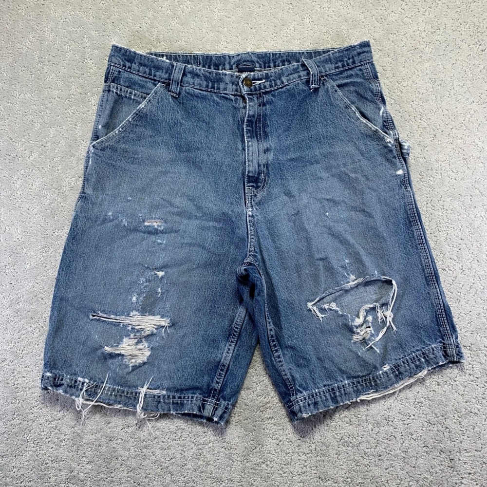 Full Blue Denim Shorts‎ 36 Blue Distressed Carpenter Ripped Frayed Work Grunge